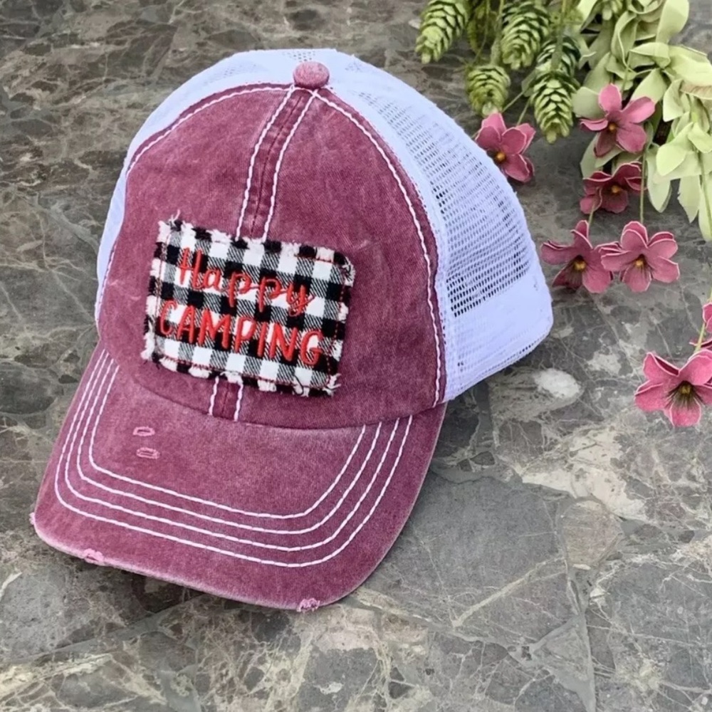 David And Young Womens Denim Distressed Burgundy Snapback Hat Cap Happy Camping